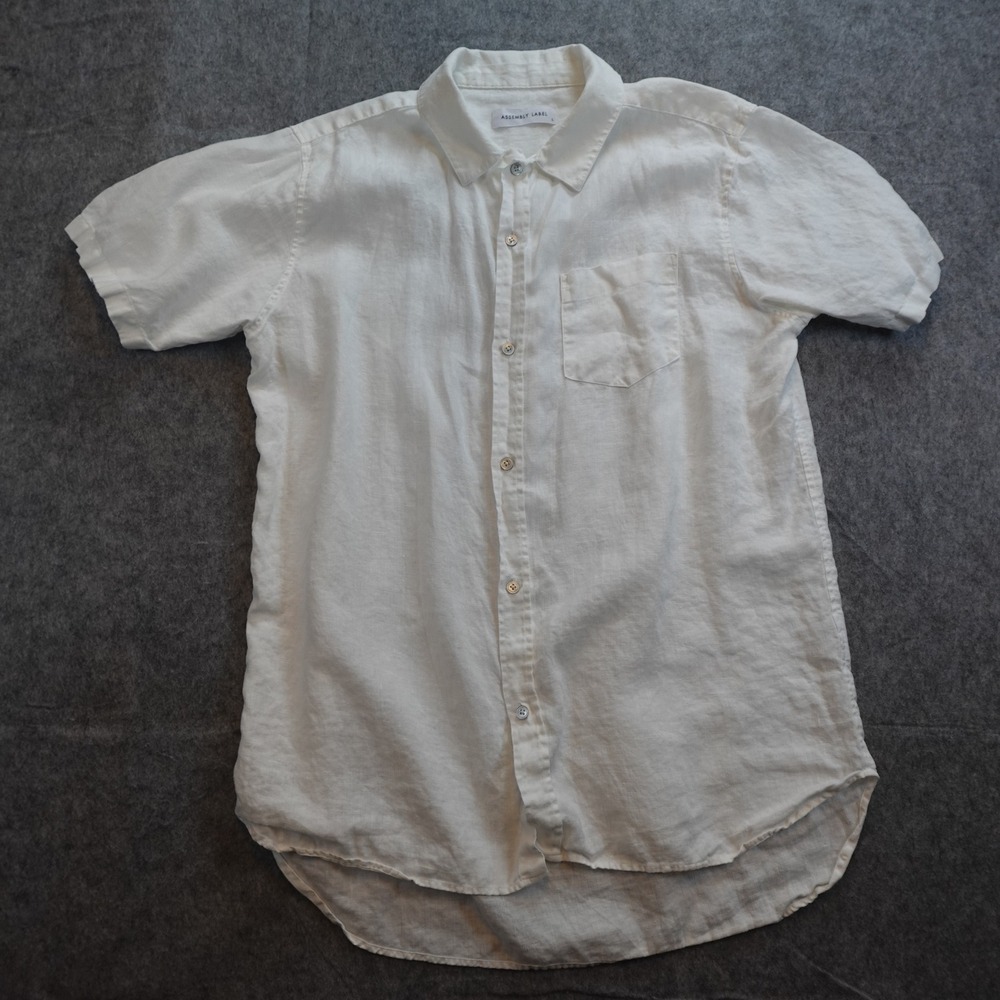 Assembly Label Top Women Large White Linen Short Sleeve Button Up Shirt Beachy